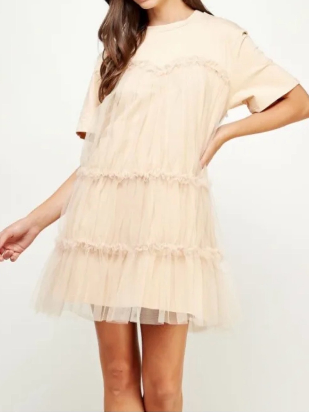 Beige Tulle Overlay Tiered Babydoll Dress